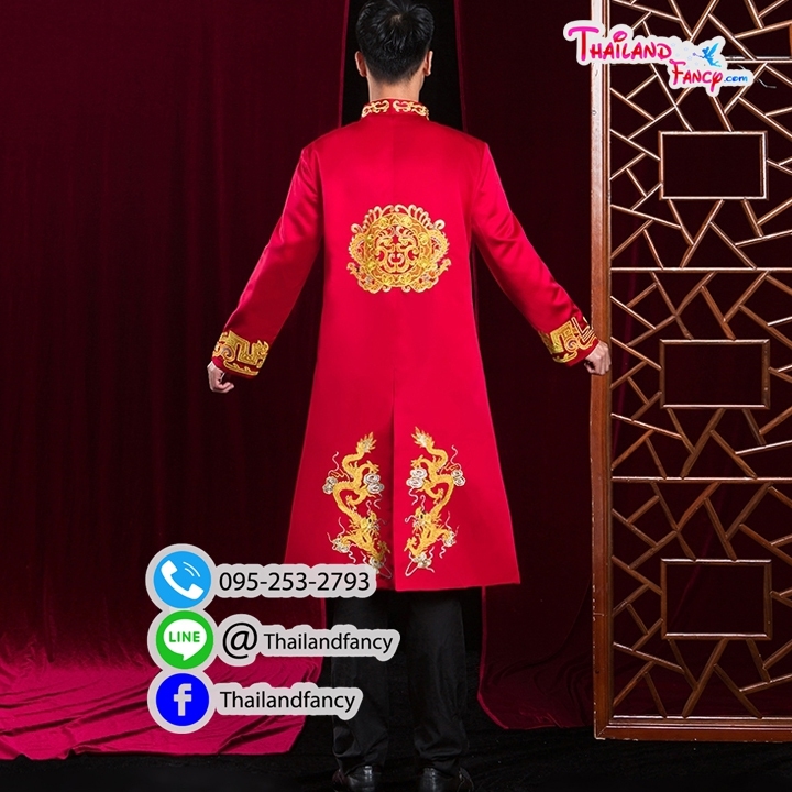 ชุดเช่าแฟนซีผู้ชาย เช่าชุดสูทคอจีนชาย ชุดแฟนซีนานาชาติ ชุดยกน้ำชา ชุดสูทจีนโบราณ ชุดไหว้ตรุษจีนผู้ชาย ชุดสูทตัวยาวสไตล์คอจีนสีแดงผ่ากลาง