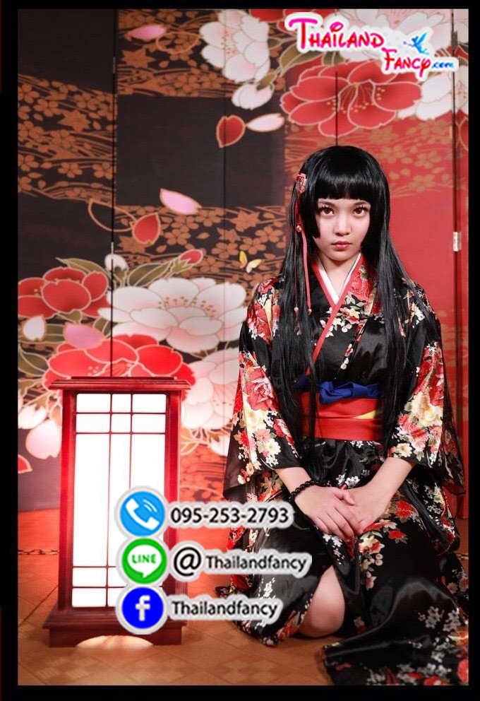 ชุดเช่าแฟนซีผู้หญิง Enma Ai Anime Cosplay ชุดแฟนซีการ์ตูนอะนิเมะญี่ปุ่น Japaness Hell Girl ชุดกิโมโนญี่ปุ่นสีดำลายแดงโอบิแดง