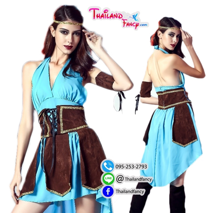 ชุดแฟนซีกรีกผู้หญิง Greek Cosplay ชุดเทพธิดากรีก ชุดนักรบโบราณ ชุดนักรบโรมันหญิง ชุดอินเดียแดง ชุดเดรสคล้องคอสีฟ้าแขนกุดแต่งผ้าคาดโปรงน้ำตาล