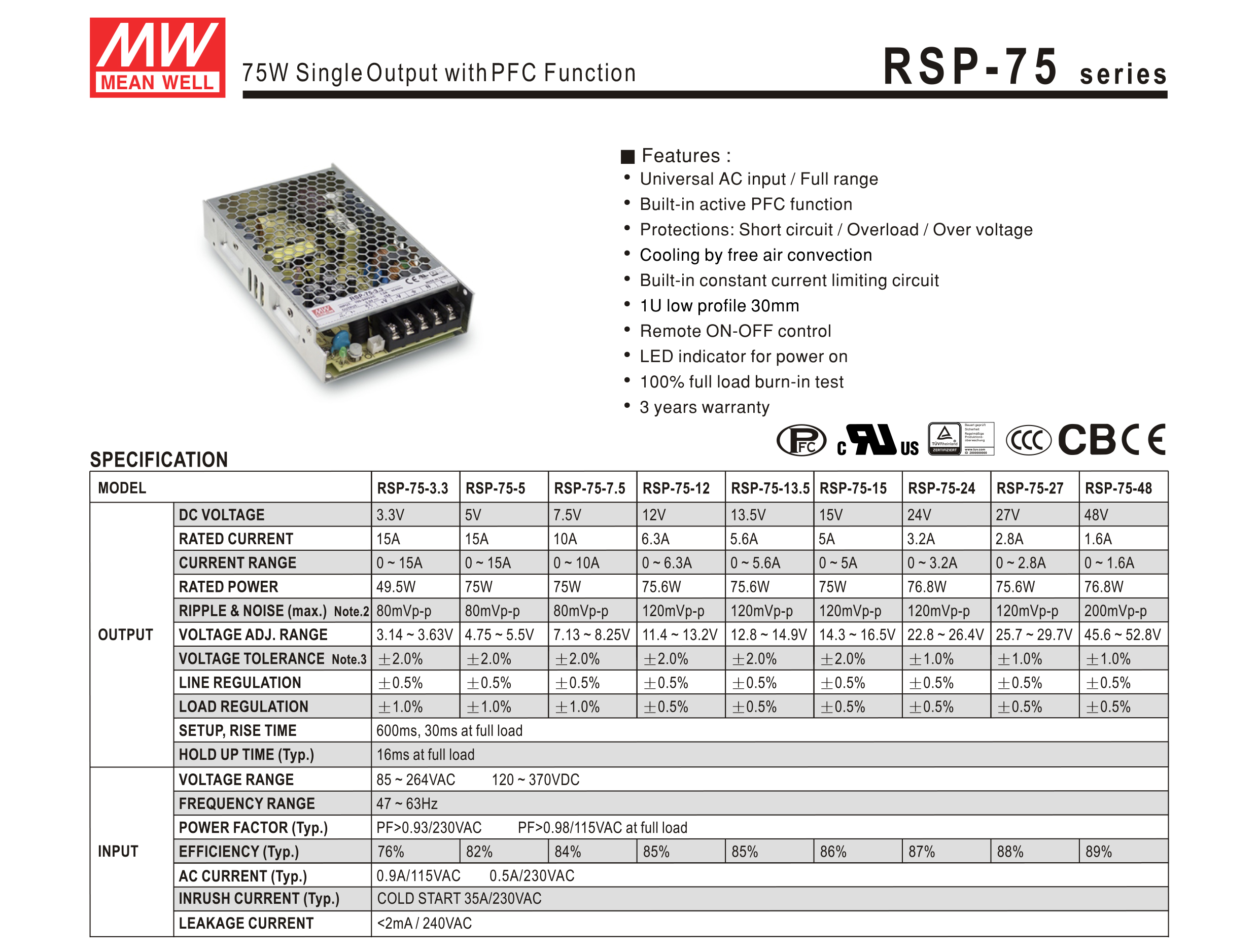 หม้อแปลง Low Harmonic O/P PFC series Meanwell 75W 12 / 24Vdc