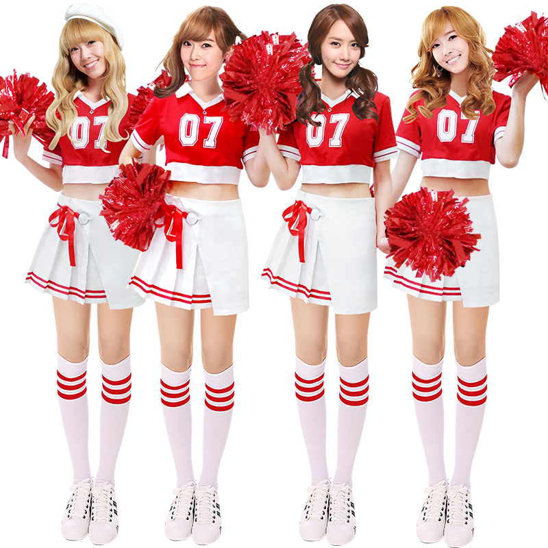 ชุดแฟนซีปอมปอมเชียร์ ชุดเชียร์ลีดเดอร์ Cheerleader Pom Poms Cosplay ชุดวงเกาหลี ชุดเชียร์กีฬาสีแดงโปรงขาวผูกโบว์