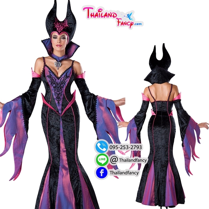 ชุดแฟนซีผู้หญิงสำหรับเช่า เช่าชุดแฟนซีแม่มด ชุดแม่มดมาเลฟิเซ้น Maleficent Costume ชุดคอสเพลย์มาเลฟิเซ้น เดรสยาวสีดำแต่งม่วงพร้อมเขา