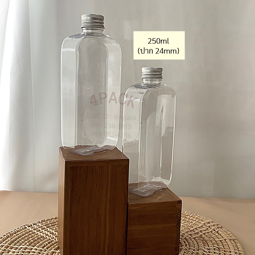 ขวดพลาสติกPETทรงแบนIM ขนาด250ml +ฝาพลาสติกสีขาว / ฝาอลูเงิน 24mm