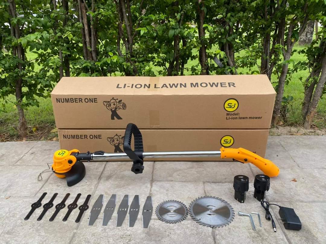 เครื่องตัดหญ้าไร้สาย SJ 118V สีเหลือง แถมถ่าน 2 ก้อน และใบตัดรวม 12 ใบ