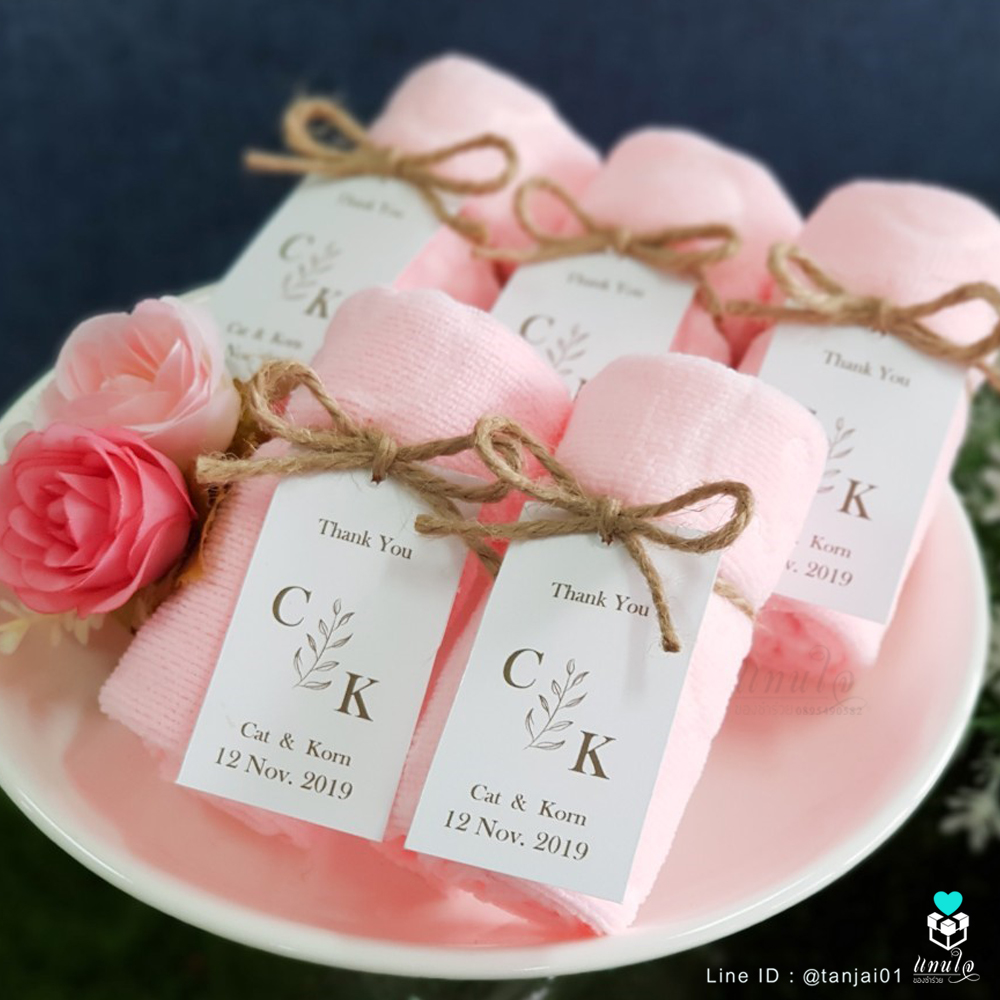 ของชำร่วยแต่งงาน ผ้าลายหมีพร้อมหูหิ้ว สีพาสเทล ป้ายชื่อผูกโบว์เชือกป่าน 💕เริ่มต้น 13 บาท💕 ผ้าขนาด 30x30 cm