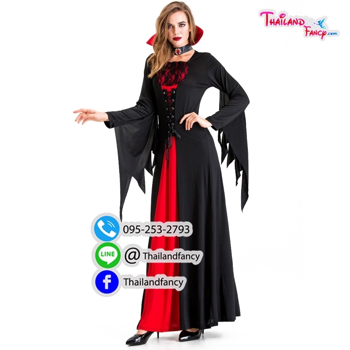 ชุดแฟนซีแวมไพร์ ชุดคอสเพลย์แวมไพร์ Vampire Cosplay Halloween ชุดแวมไพร์ผู้หญิง ชุดผีซอมบี้ดูดเลือด ชุดสาวแดร็กคูล่า ชุดราชินีแวมไพร์ดำแดงพร้อมปกคอตั้งแขนกระดิ่งชายรุ่งริ่ง