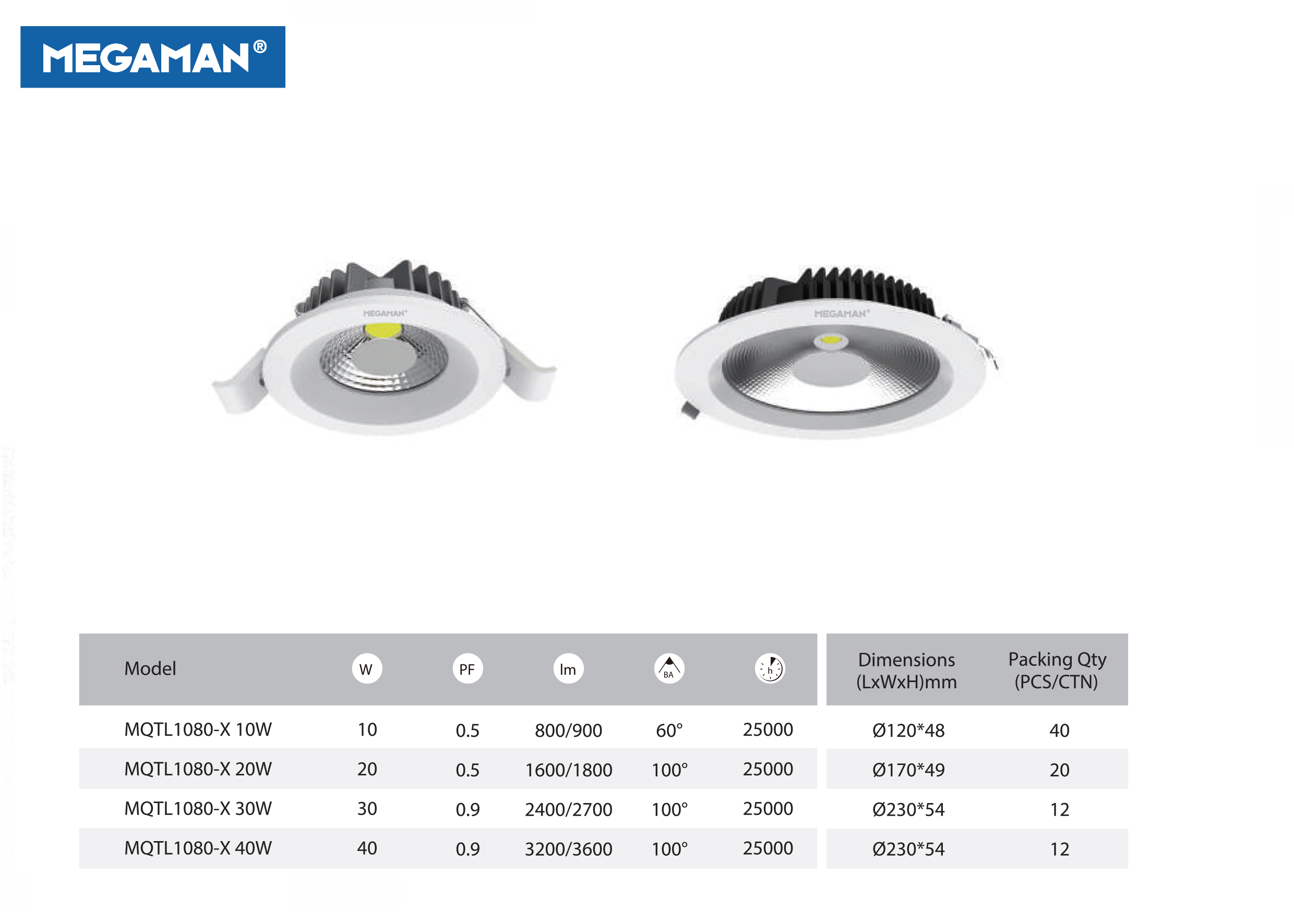 โคมไฟ DOWN LIGHT ฝังฝ้า #MQTL1080 10W,20W,30W,40W MEGAMAN