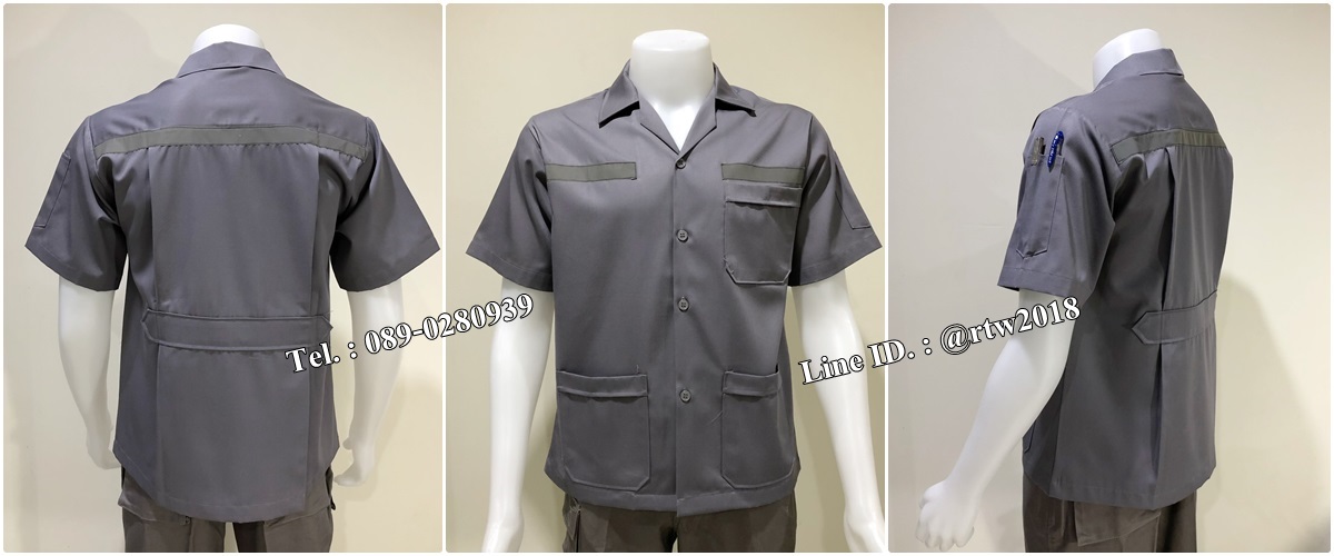รหัส A106 : เสื้อช่างแขนสั้นแบบสามกระเป๋าสีเทาติดสะท้อนแสง