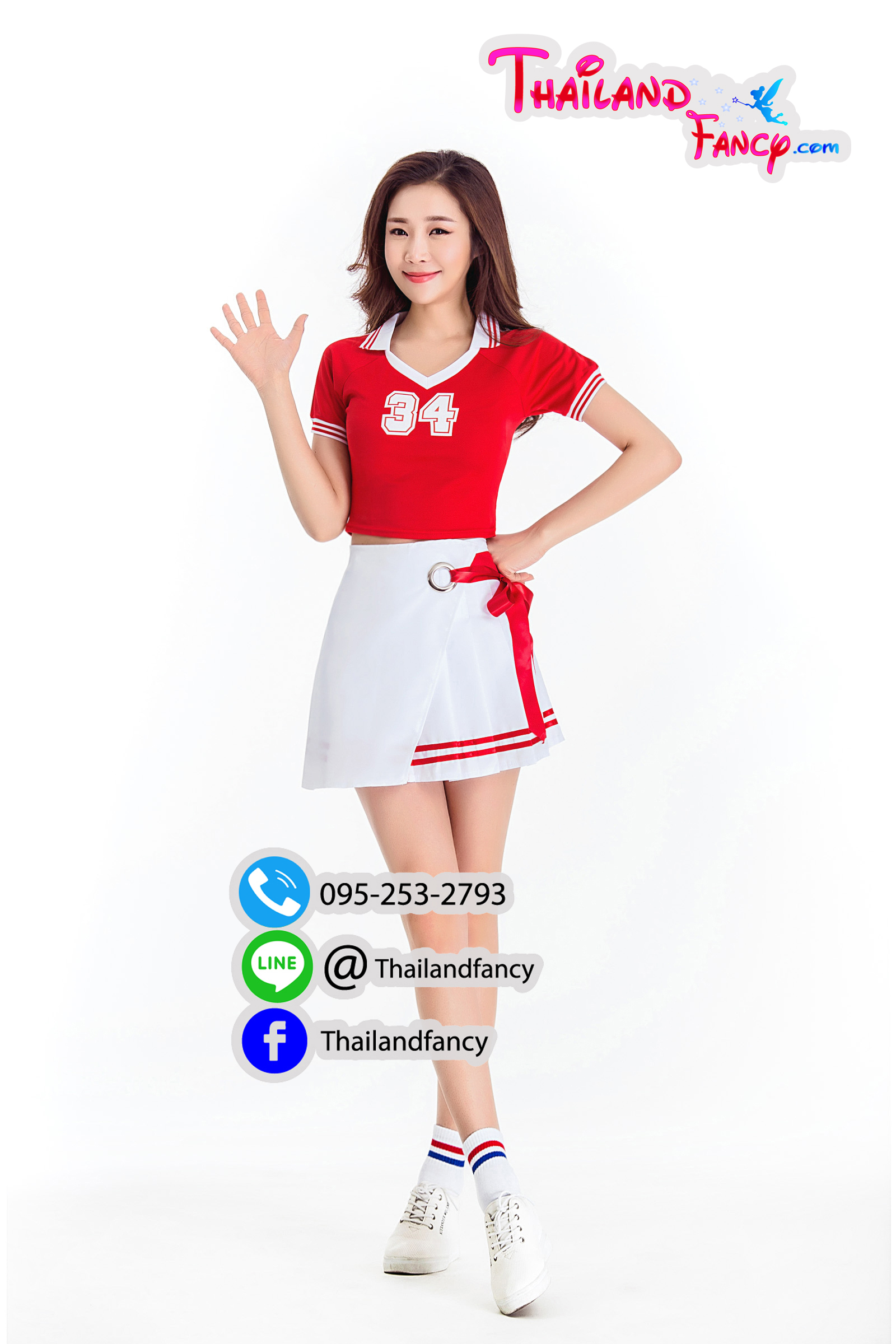 ชุดแฟนซีปอมปอมเชียร์ ชุดเชียร์ลีดเดอร์ Cheerleader Pom Poms Cosplay ชุดวงเกาหลี ชุดเชียร์กีฬาสีแดงโปรงขาวผูกโบว์