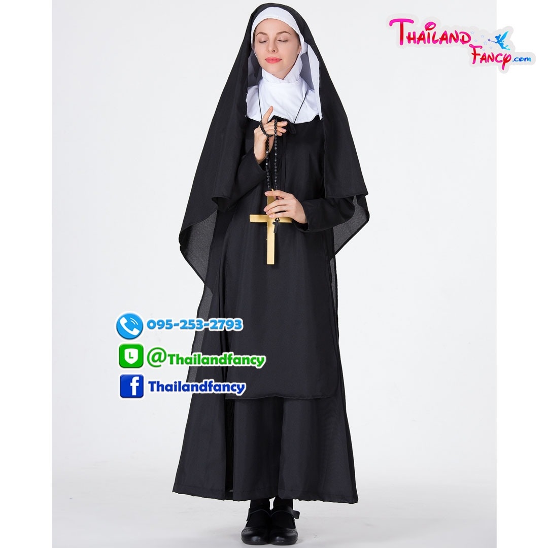 ชุดแฟนซีซิสเตอร์บาทหลวงหญิง The Nun Costume ชุดผีแม่ชี ชุดแม่ชีคริสต์ ชุดฮาโลวีน ชุดแม่ชีเดรสยาวสีดำพร้อมผ้าคลุม