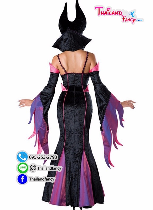 ชุดแฟนซีผู้หญิงสำหรับเช่า เช่าชุดแฟนซีแม่มด ชุดแม่มดมาเลฟิเซ้น Maleficent Costume ชุดคอสเพลย์มาเลฟิเซ้น เดรสยาวสีดำแต่งม่วงพร้อมเขา