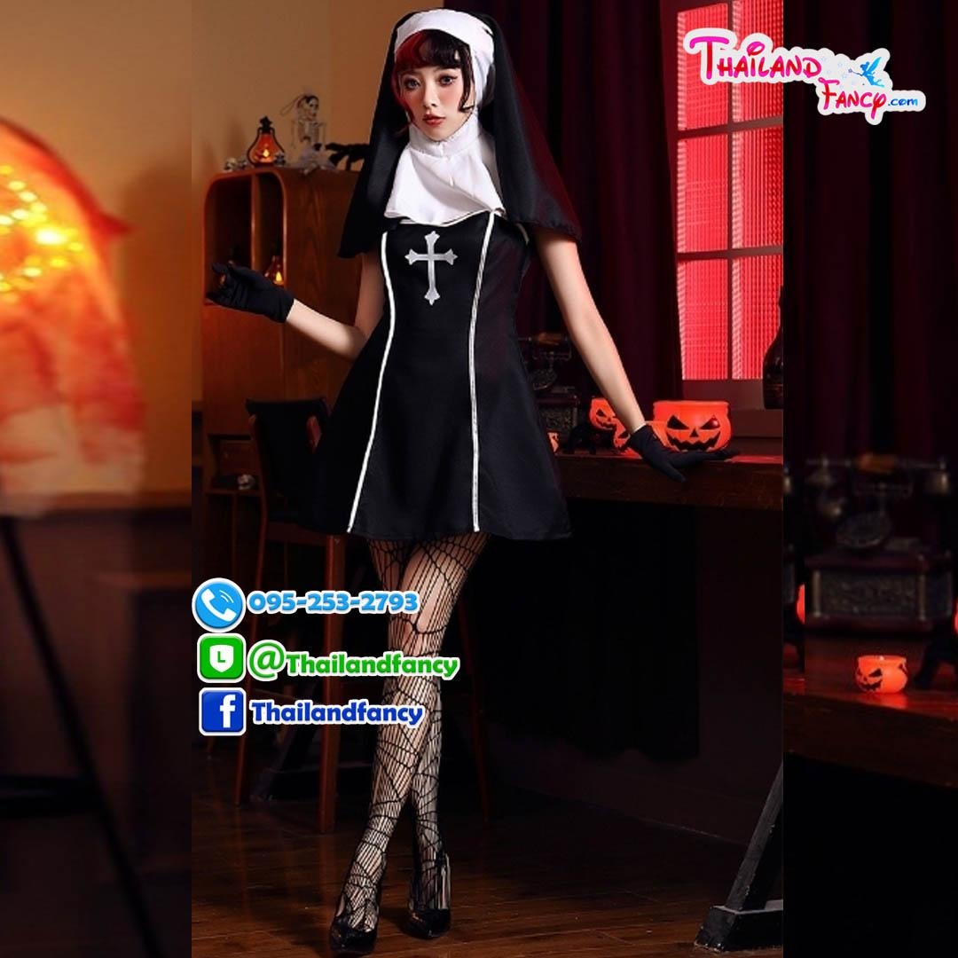 ชุดแฟนซีซิสเตอร์บาทหลวงหญิง The Nun Costume ชุดแม่ชี ชุดซิสเตอร์คริสต์ ชุดฮาโลวีน ชุดแม่ชีเดรสสั้นสีดำพร้อมผ้าคลุม