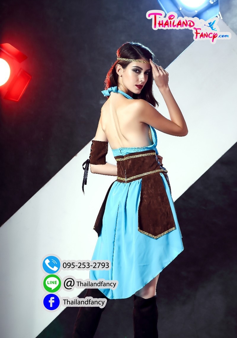 ชุดแฟนซีกรีกผู้หญิง Greek Cosplay ชุดเทพธิดากรีก ชุดนักรบโบราณ ชุดนักรบโรมันหญิง ชุดอินเดียแดง ชุดเดรสคล้องคอสีฟ้าแขนกุดแต่งผ้าคาดโปรงน้ำตาล