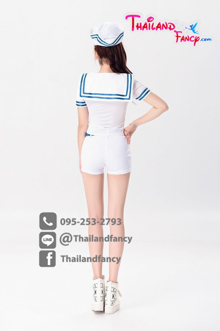 ชุดแฟนซีกะลาสีเรือ Cosplay ชุดทหารเรือหญิง ชุดอาชีพในฝัน ชุดขาวปกทหารเรือขาวขอบน้ำเงิน พร้อมหมวกกะลาสีเข้าเซ็ท