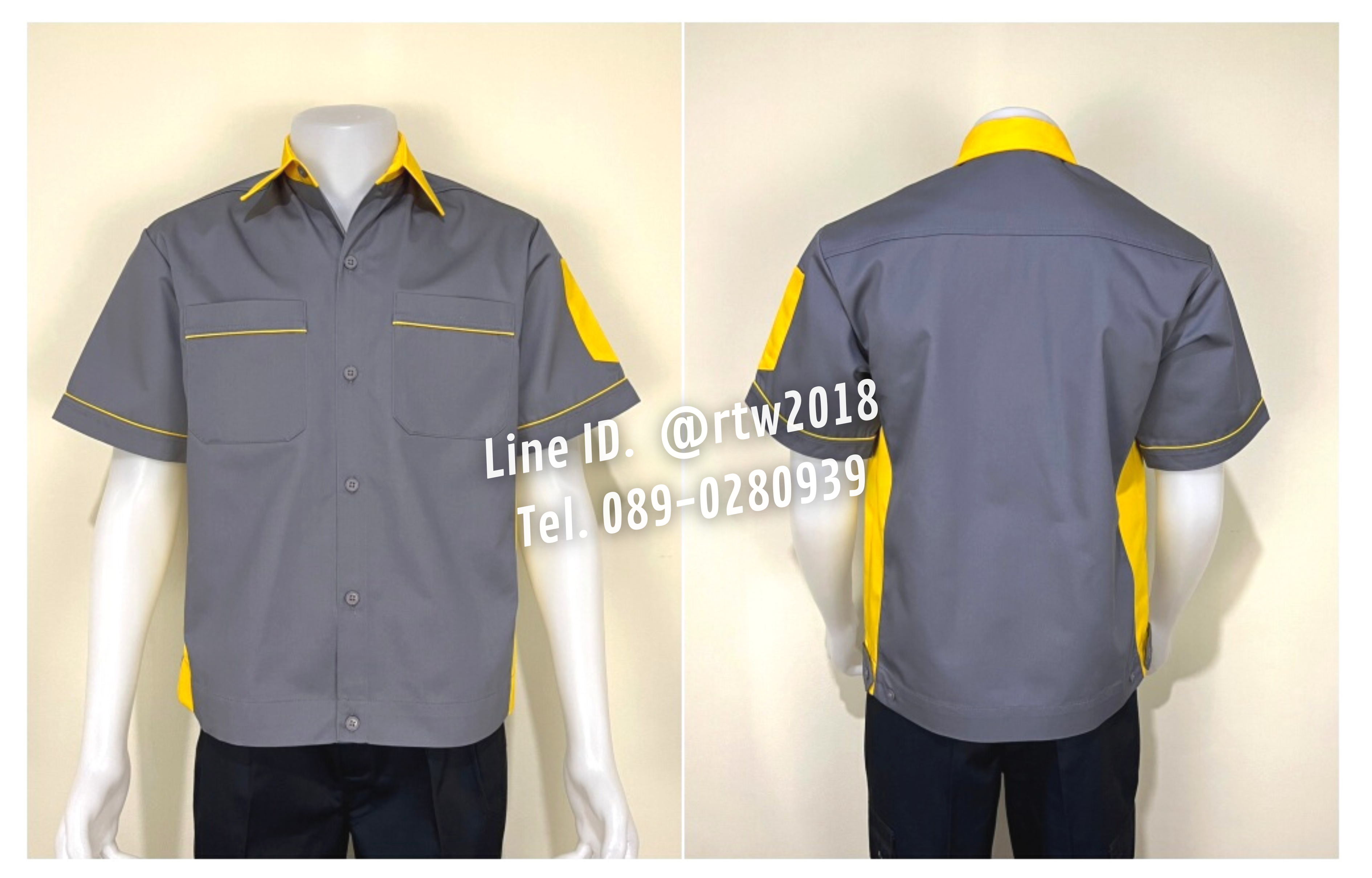 รหัส A11.9 : เสื้อช่างแขนสั้นผ้าคอมทวิวสีเทาข้างเหลือง