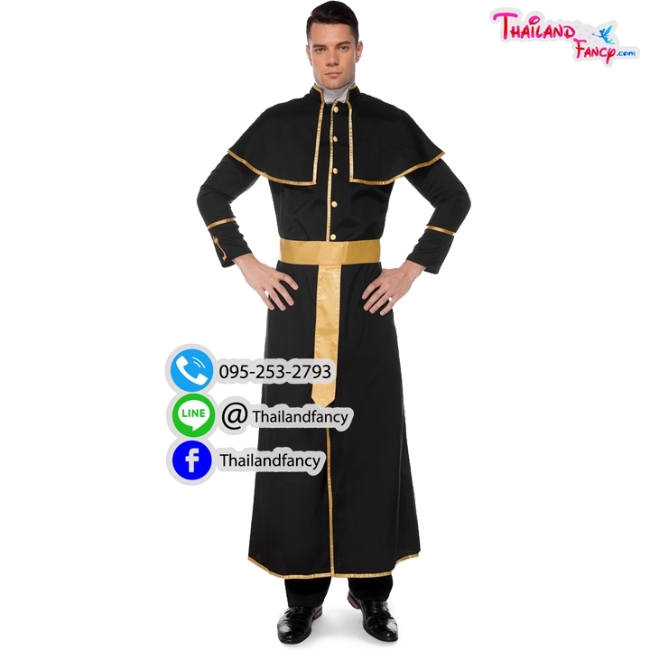 ชุดเช่าแฟนซีผู้ชาย (ชุดเช่า) ชุดคอสเพลย์นักบวช Priest Cosplay ชุดฮาโลวีน ชุดนักบวชคริสต์ ชุดบาทหลวงสีดำแต่งทองสัญลักษณ์ไม้กางเขน