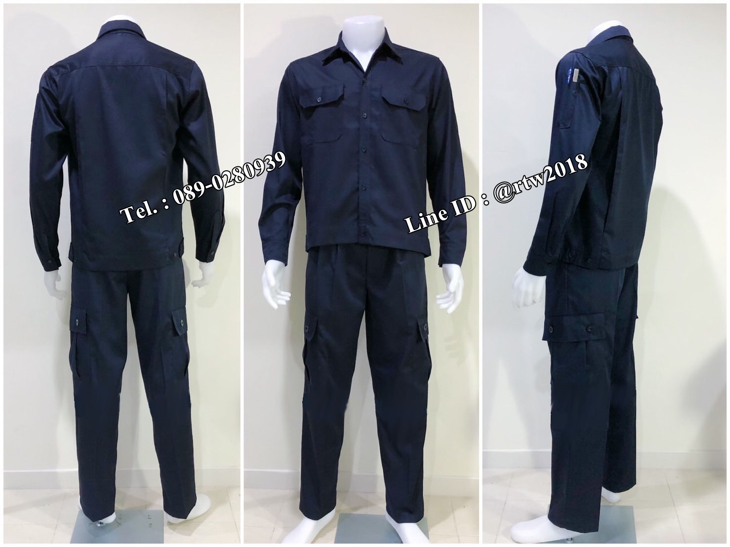 รหัส P3 : ชุดช่างแขนยาวผ้าคอมทวิวกางเกงกระเป๋าแปะสีกรมท่า
