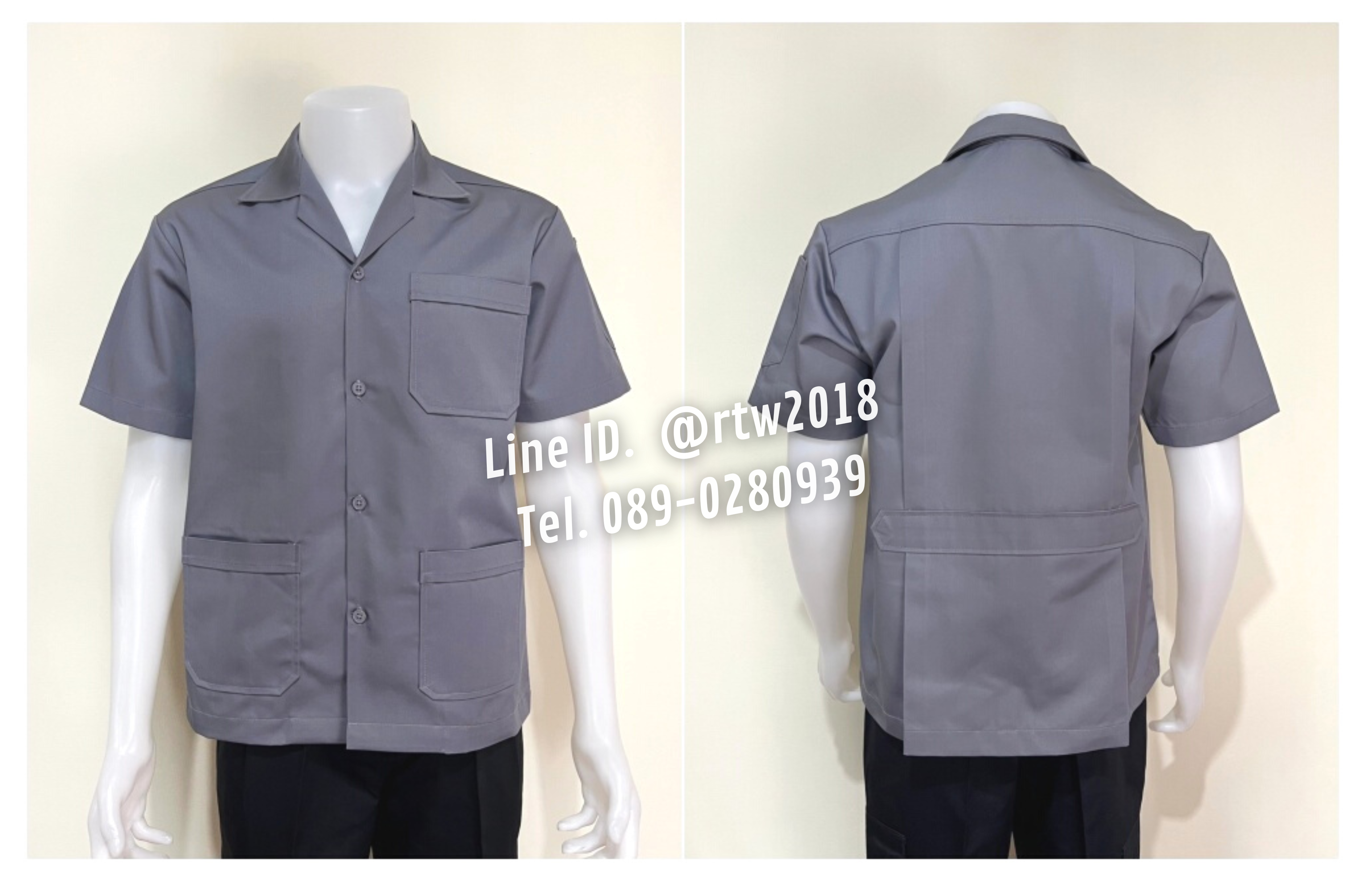 รหัส A1.11 : เสื้อช่างแขนสั้นผ้าคอมทวิวสามกระเป๋าสีเทาล้วน