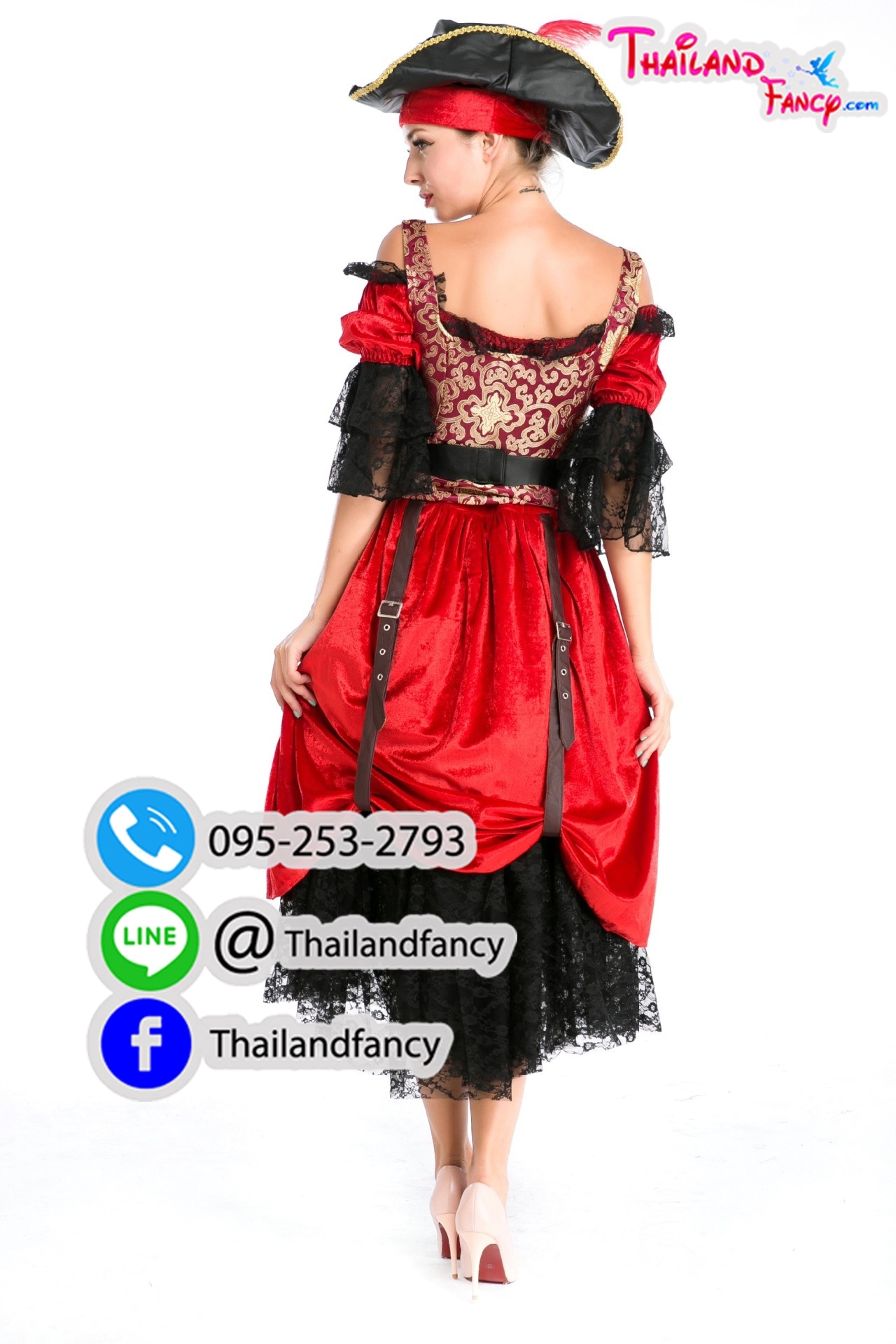 ชุดเช่าแฟนซีผู้หญิง ชุดเช่าสาวโจรสลัด ชุดเช่ากัปตันแจ๊คสแปร์โรว์ Pirate of the Caribbean Cosplay ชุดเดรสโจรสลัดสาวดำแดงแบบเอี๊ยมใต้อก