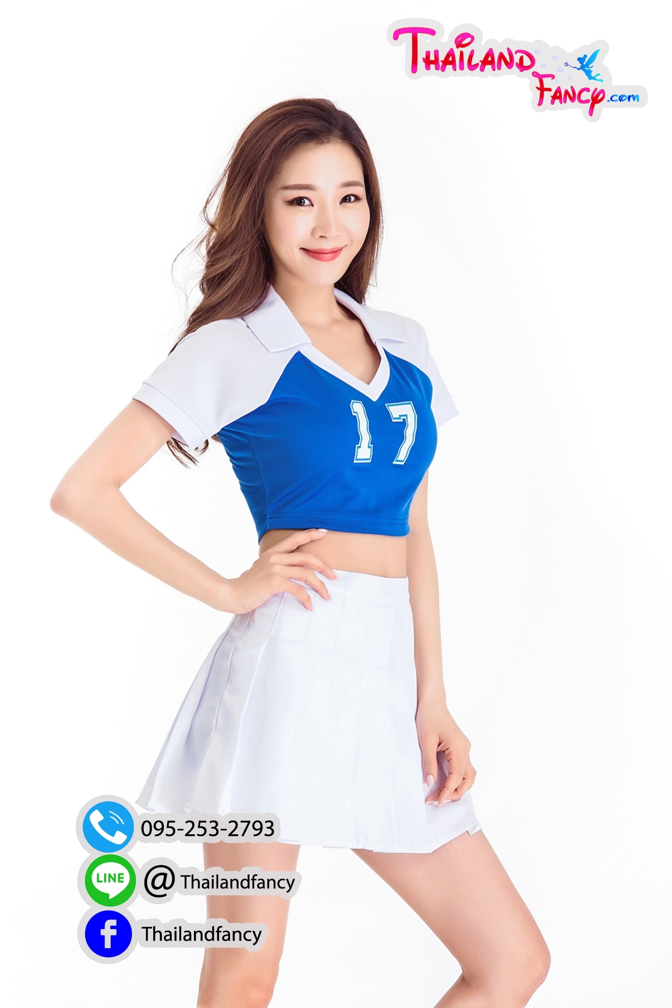 ชุดคอสเพลย์เชียร์กีฬา ชุดแฟนซีปอมปอมเชียร์ Cheerleader Pom Pom Cosplay ชุดเชียร์ลีดเดอร์ ชุดกีฬาสี สีน้ำเงินแขนขาว กระโปรงจีบ