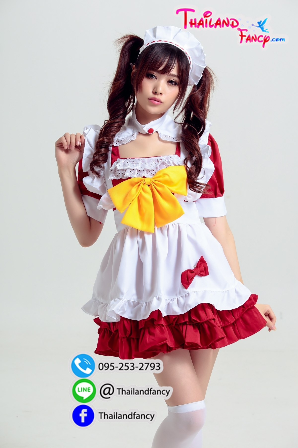 ชุดแฟนซีการ์ตูน ชุดแม่บ้าน ชุดเมดญี่ปุ่น Maid Cosplay ชุดสาวเสิร์ฟ ชุดแม่บ้านคอสเพลย์ เดรสแดงผ้ากันเปื้อนขาวโบว์เหลือง