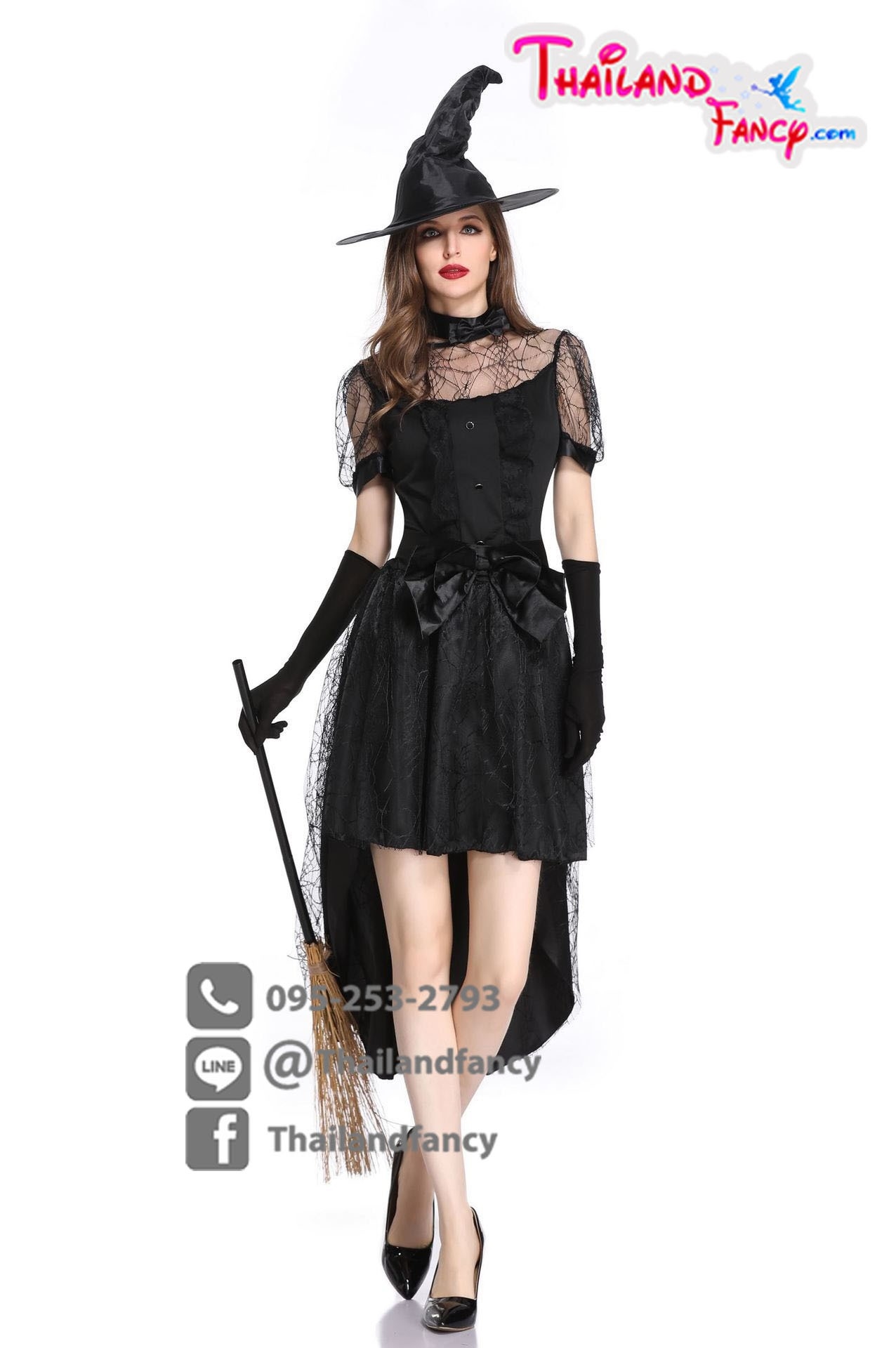 ชุดแฟนซีแม่มดผู้ใหญ่ ชุดคอสเพลย์ฮาโลวีนผู้หญิง Halloween Cosplay ชุดแม่มดผีซอมบี้ ชุดแม่มดสีดำผสมซีทรู พร้อมหมวกและถุงมือ