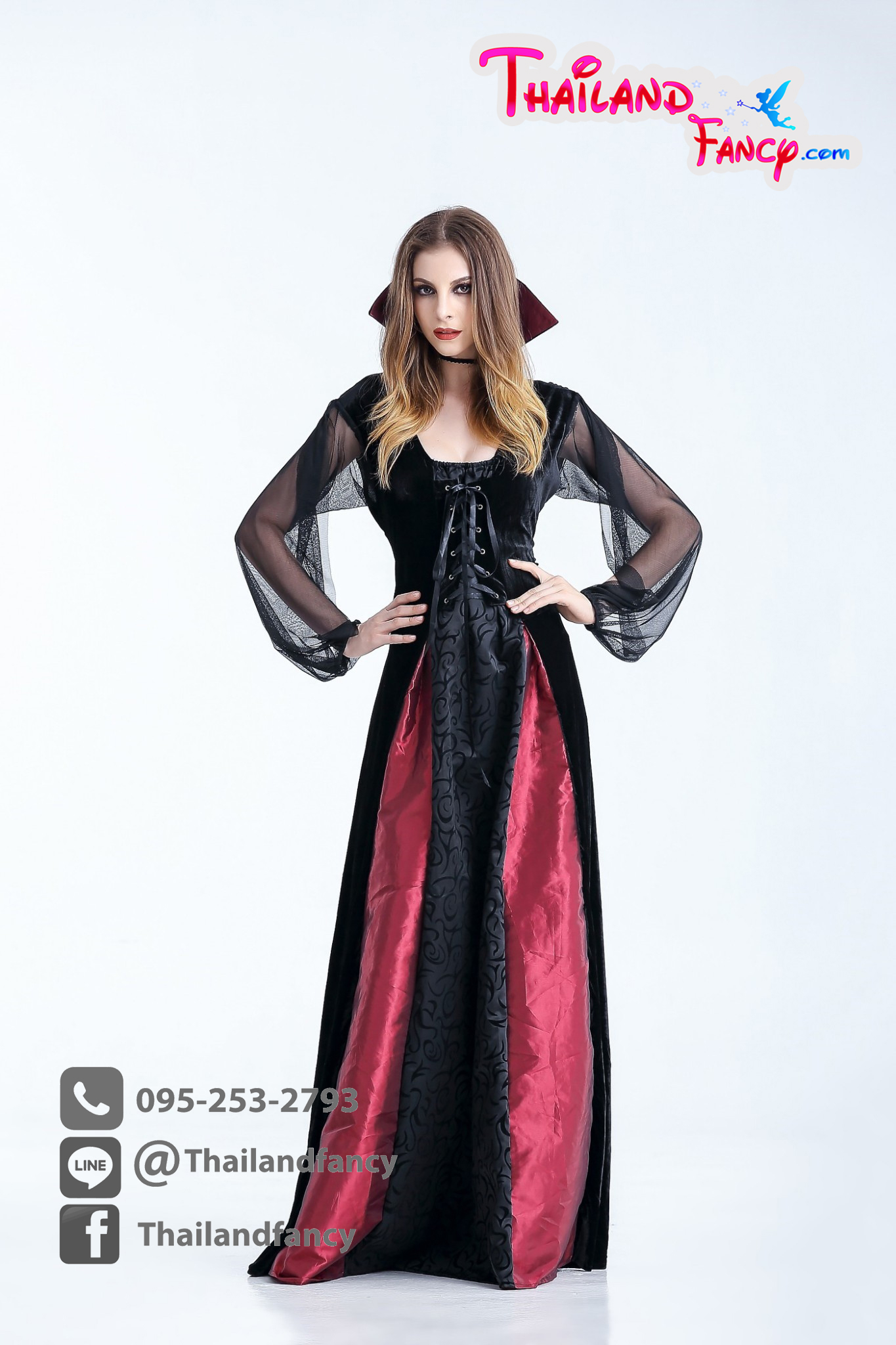ชุดแฟนซีแวมไพร์ ชุดคอสเพลย์แวมไพร์ Cosplay Halloween ชุดแวมไพร์หญิง ชุดสาวแวมไพร์ ชุดแดร็กคูล่าหญิง ชุดราชินีแวมไพร์ดำแดงพร้อมปกคอตั้ง
