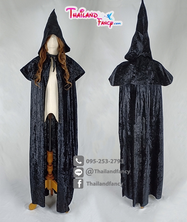 ชุดแฟนซีพ่อมดวิสาด ชุดคลุมจอมเวทย์ ชุดคลุมพ่อมด-แม่มด Halloween Black Hood ผ้าคลุมสีดำหัวฮู้ดกำมะหยี่