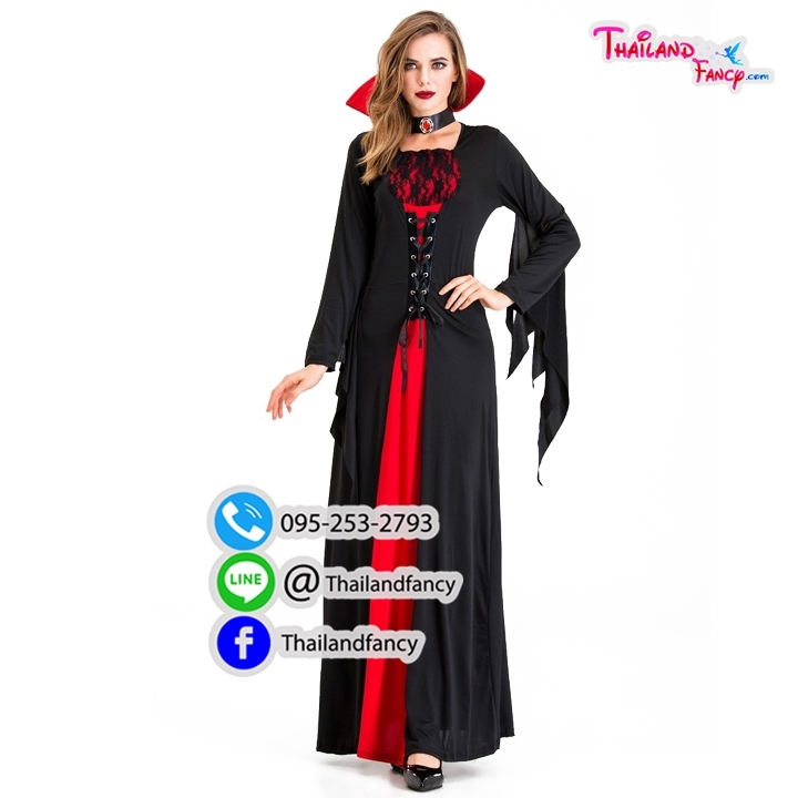 ชุดแฟนซีแวมไพร์ ชุดคอสเพลย์แวมไพร์ Vampire Cosplay Halloween ชุดแวมไพร์ผู้หญิง ชุดผีซอมบี้ดูดเลือด ชุดสาวแดร็กคูล่า ชุดราชินีแวมไพร์ดำแดงพร้อมปกคอตั้งแขนกระดิ่งชายรุ่งริ่ง