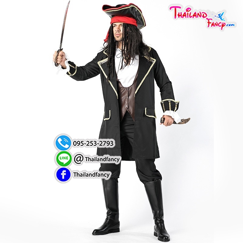 ชุดเช่าแฟนซีผู้ชาย ชุดเช่าโจรสลัดชาย ชุดเช่ากัปตันแจ๊คสแปร์โรว์ Pirate Jack Sparrow Cosplay เสือโค้ทดำเสื้อกั๊กหนังน้ำตาล