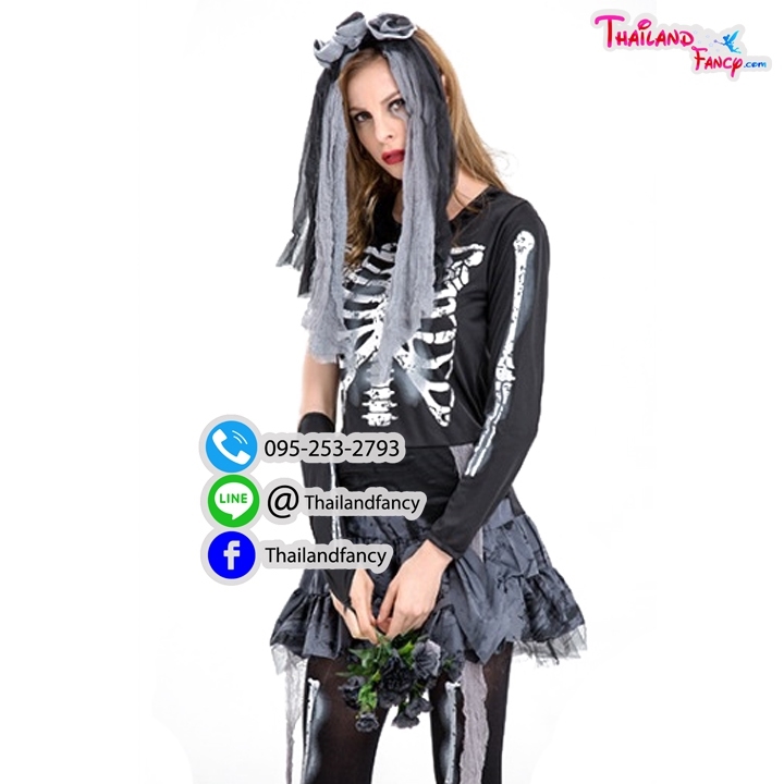 ชุดแฟนซีผีกระดูกผู้หญิง ชุดคอสเพลย์ซอมบี้ ชุดเจ้าสาวผี Halloween Party ชุดปีศาจสาว ชุดฮาโลวีน ชุดเจ้าสาวผีกระดูก