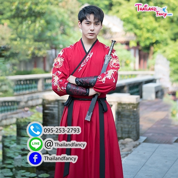 ชุดเช่าแฟนซีผู้ชาย เช่าชุดจอมยุทธ์ผู้ชาย ชุดแฟนซีนานาชาติ ชุดจีนโบราณ ชุดเจ้ายุทธจักร ชุดจีนกำลังภายในชาย ชุดเช่าจอมยุทธชุดสีแดงกระโปรงแดง
