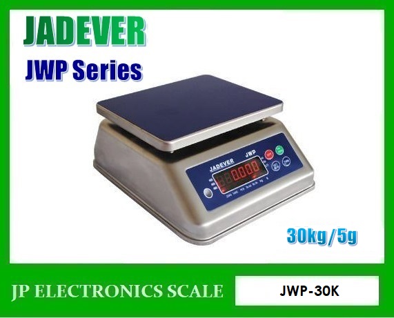 เครื่องชั่งกันน้ำ30กิโลกรัม ตาชั่งกันน้ำ30kg เครื่องชั่งดิจิตอลกันน้ำ30กิโลกรัม เครื่องชั่งดิจิตอล30กิโลกรัม เครื่องชั่งกันน้ำกันความชื้น30kg เครื่องชั่งสแตนเลส30kg เครื่องชั่งน้ำหนักดิจิตอล30kg ค่าละเอียด5g ยี่ห้อ JADEVER รุ่น JWP Series ขนาดถาด 230*190m