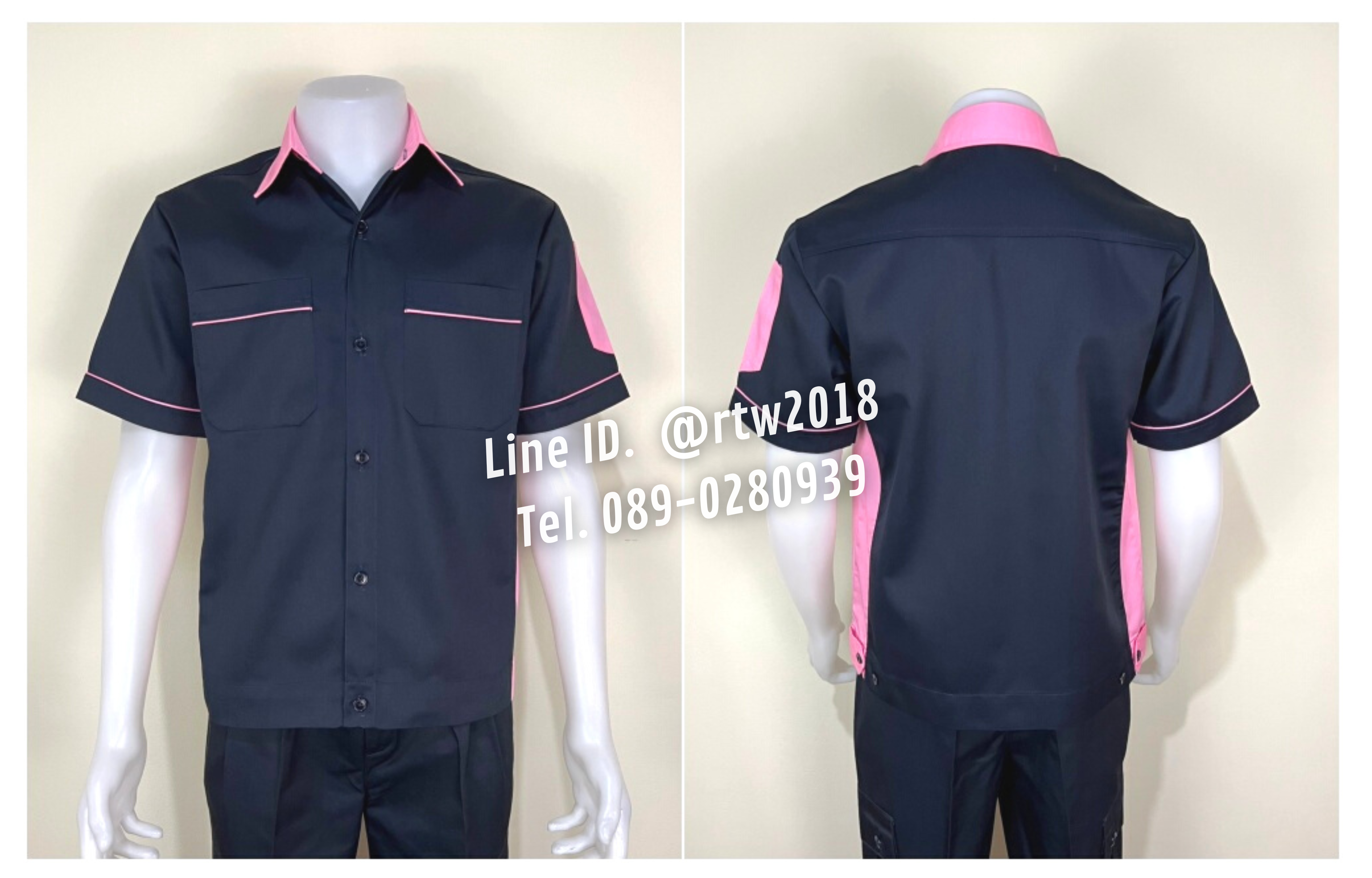 รหัส A12.13 : เสื้อช่างแขนสั้นผ้าคอมทวิวสีกรมท่าข้างชมพูอ่อน