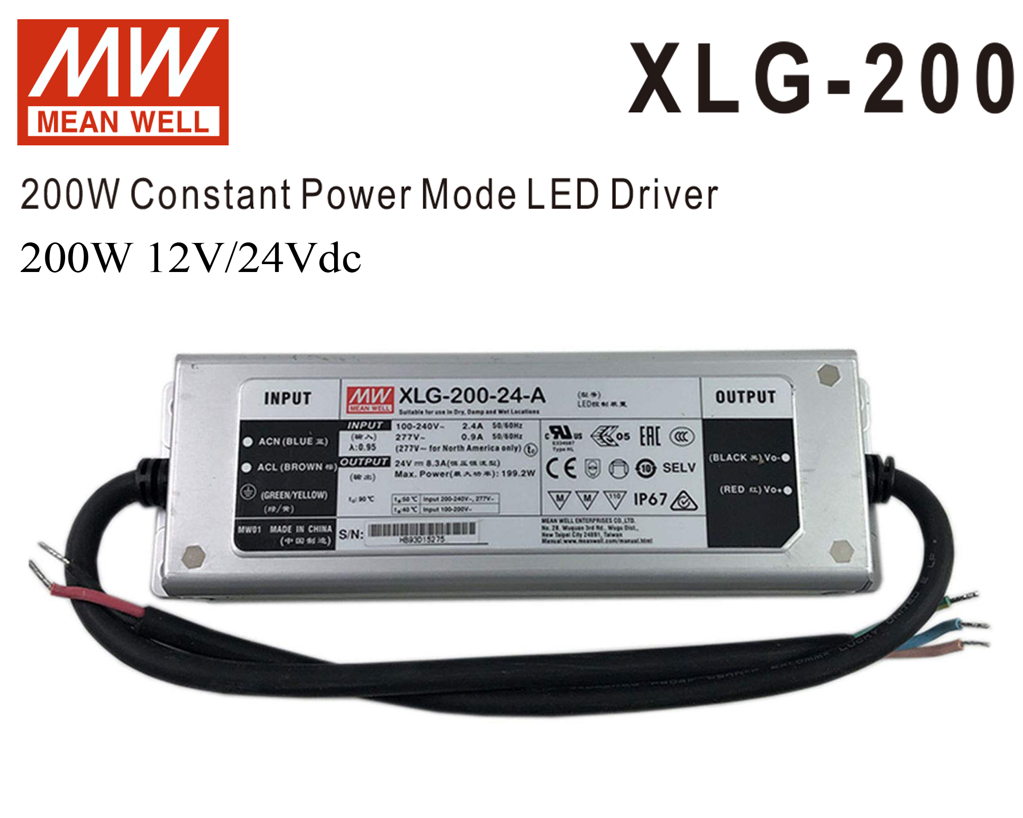 หม้อแปลง Constant Power LED Driver IP67 XLG series Meanwell 199W 12 / 24Vdc
