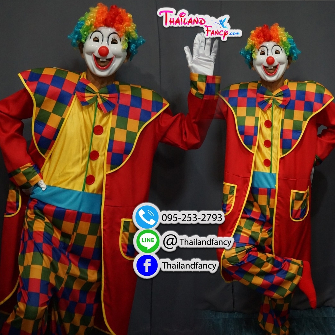 ชุดเช่าแฟนซีผู้ชาย ชุดเช่าการ์ตูน ชุดตัวตลกเป่าลูกโป่ง Joker Costume ชุดตัวตลกโจ๊กเกอร์ ชุดแฟนซีตัวตลกโบโซ่สีแดงลายสก็อตพร้อมวิกโบโซ่หัวฟูหลากสี