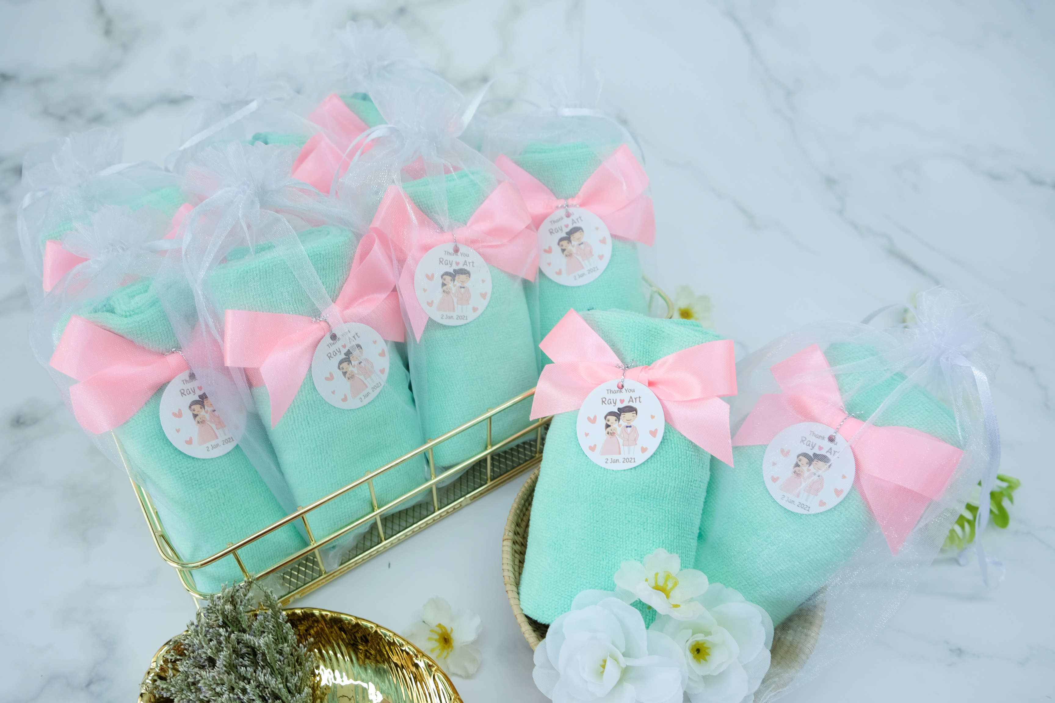 ของชำร่วยงานแต่ง ของแจกงานแต่ง ของที่ระลึกงานแต่ง ผ้านาโนม้วนผูกโบว์ สีฟ้า สีขาว สีเขียว 29 (2)