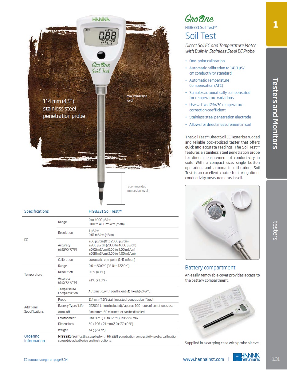 Gloline Soil Test™ Direct Soil Conductivity Tester เครื่องวัดค่าความนำไฟฟ้าของดิน (วัดปุ๋ยในดินว่ามีมากหรือน้อย) ยี่ห้อ Hanna รุ่น HI98331