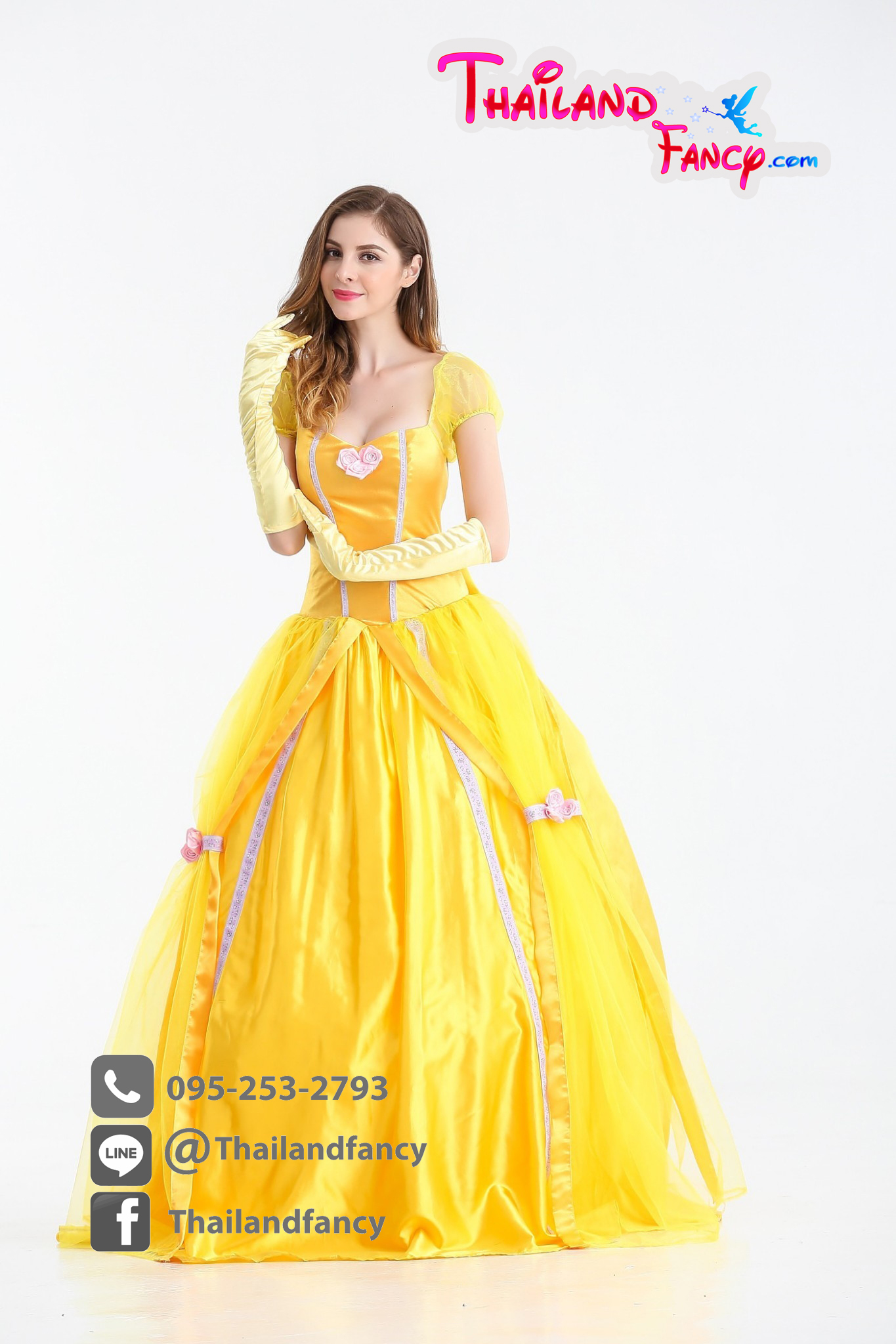 ชุดแฟนซีการ์ตูน ชุดเจ้าหญิงดิสนีย์ เจ้าหญิงเทพนิยาย เจ้าหญิงเบลล์บิวตี้แอนด์เดอะบีสท์ Beauty and the Beast Cosplay ชุดคอสเพลย์เจ้าหญิงเบลล์ รุ่นสีเหลืองแบบยาวพร้อมถุงมือ