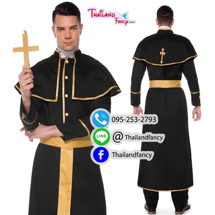 ชุดเช่าแฟนซีผู้ชาย (ชุดเช่า) ชุดคอสเพลย์นักบวช Priest Cosplay ชุดฮาโลวีน ชุดนักบวชคริสต์ ชุดบาทหลวงสีดำแต่งทองสัญลักษณ์ไม้กางเขน
