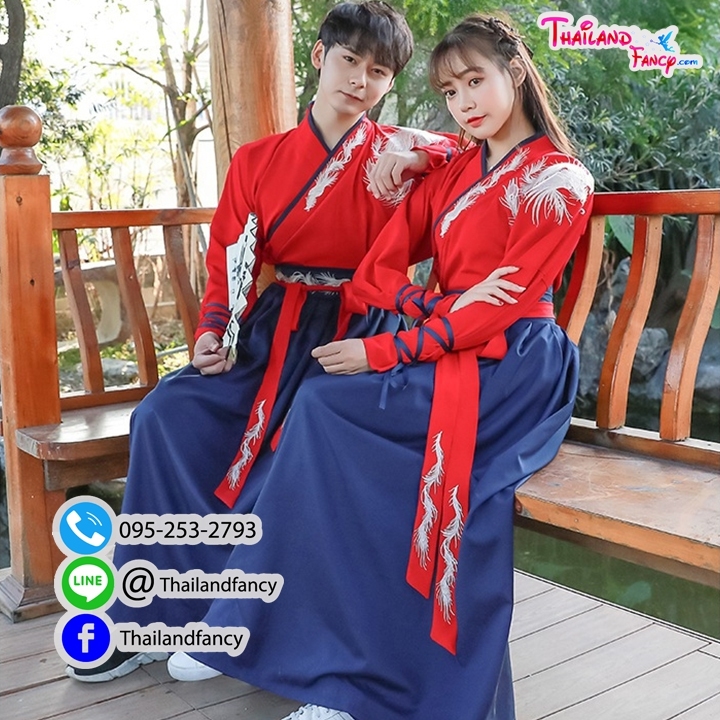 ชุดเช่าแฟนซีผู้ชาย เช่าชุดจอมยุทธ์จีนชาย ชุดแฟนซีนานาชาติ ชุดจีนโบราณ ชุดเจ้ายุทธจักร ชุดจีนกำลังภายในผู้ชาย ชุดเช่าจอมยุทธชุดสีแดงกระโปรงน้ำเงินกรมท่า