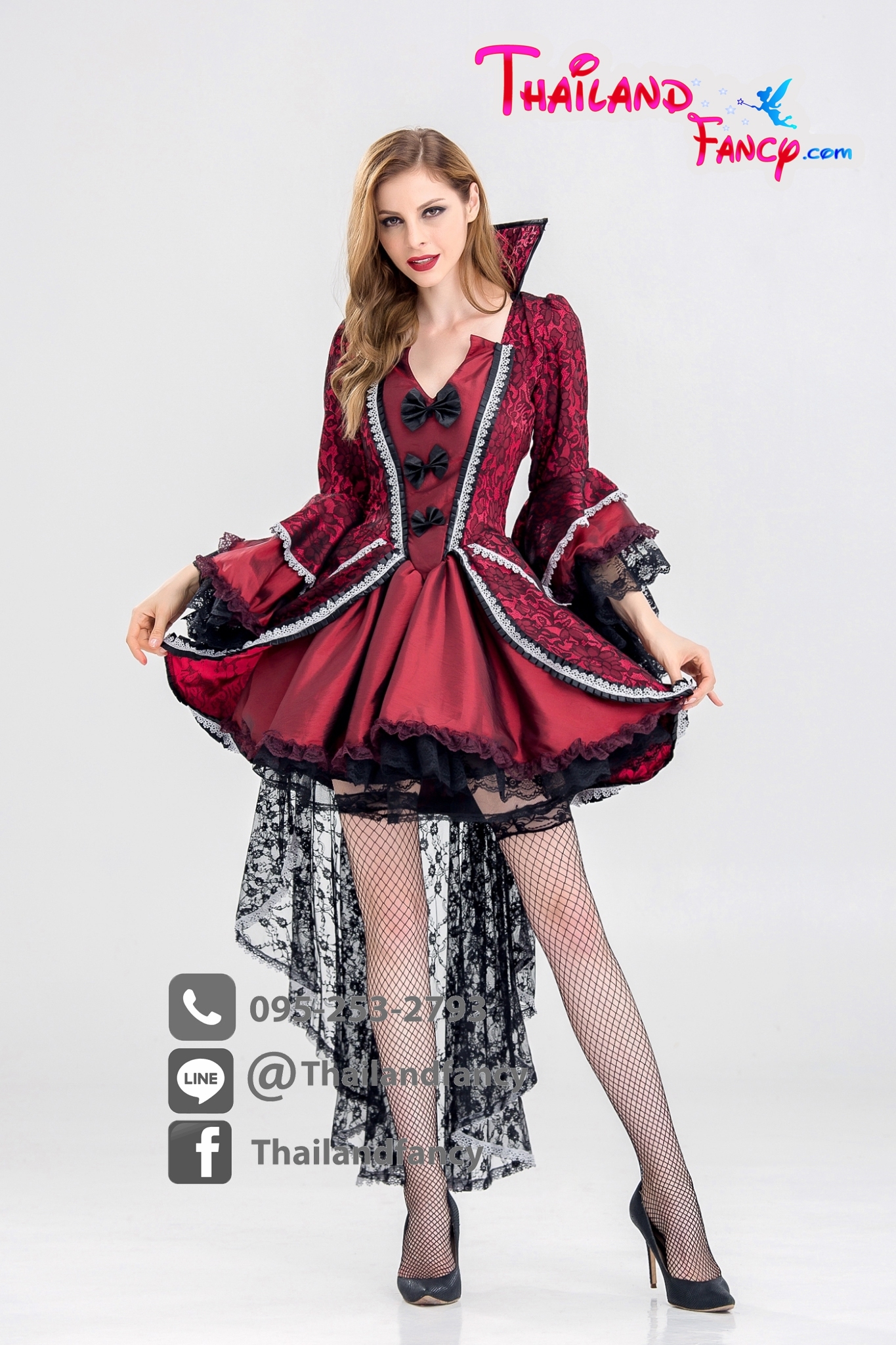 ชุดเช่าแฟนซีผู้หญิง ชุดแวมไพร์ผู้หญิง ชุดแดร็กคูล่าสาว ชุดคอสเพลย์ผีดิบ ชุดผีซอมบี้ ชุดฮาโลวีน ชุดราชินีแวมไพร์ เดรสหน้าสั้นหลังยาว