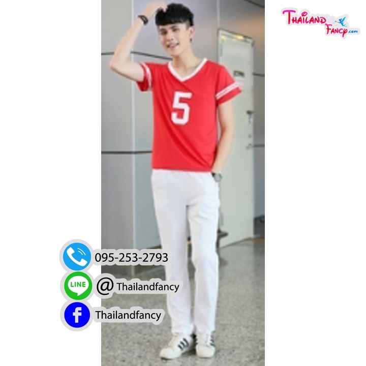 ชุดแฟนซีเชียร์กีฬา ชุดปอมปอมกีฬาสี ชุดเชียร์ลีดเดอร์ผู้ชาย Cheerleader Cosplay ชุดปอมปอมชาย ชุดนักกีฬา ชุดคอสเพลย์กีฬาสีออฟฟิศ เสื้อคอวีสีแดงกางเกงขาวขายาว