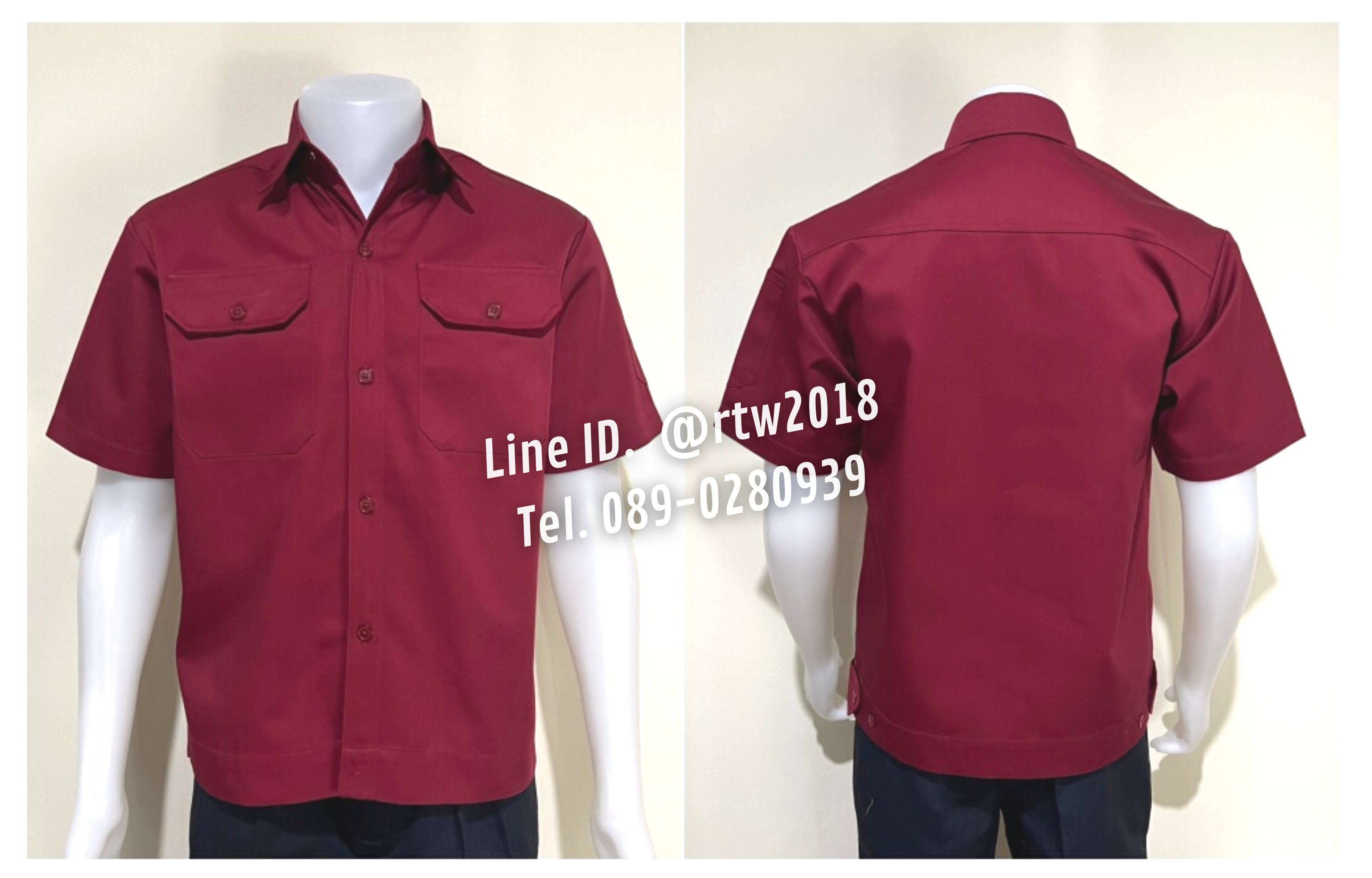 รหัส A2.4 : เสื้อช่างแขนสั้นผ้าคอมทวิวสองกระเป๋าที่อกสีเลือดหมูล้วน