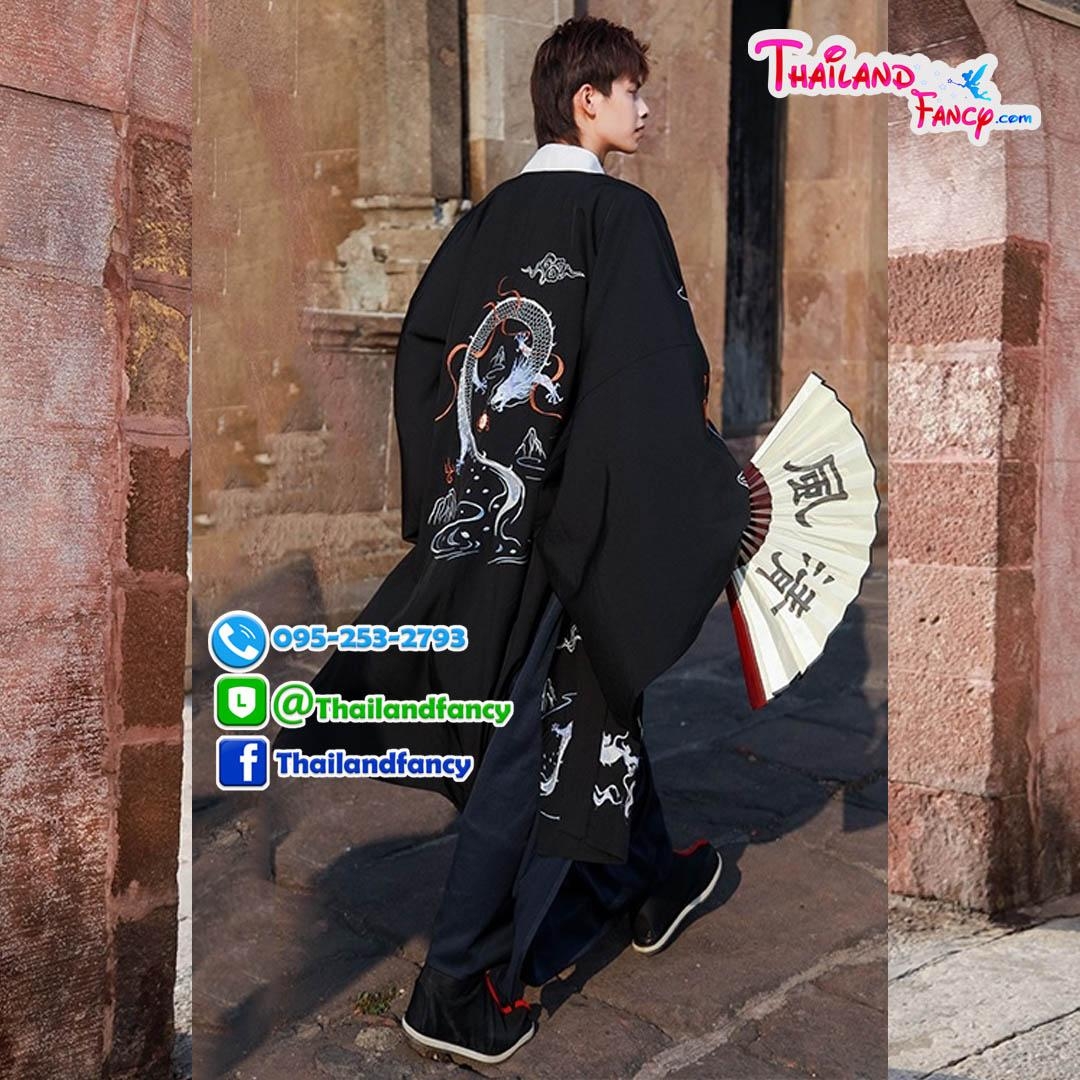 ชุดเช่าแฟนซีผู้ชาย เช่าชุดจอมยุทธ์ผู้ชาย ชุดแฟนซีนานาชาติ ชุดจีนโบราณ ชุดเกาหลีโบราณ ชุดจีนกำลังภายในชาย ชุดเช่าจอมยุทธชุดสีกรม-ดำ ลายมังกร