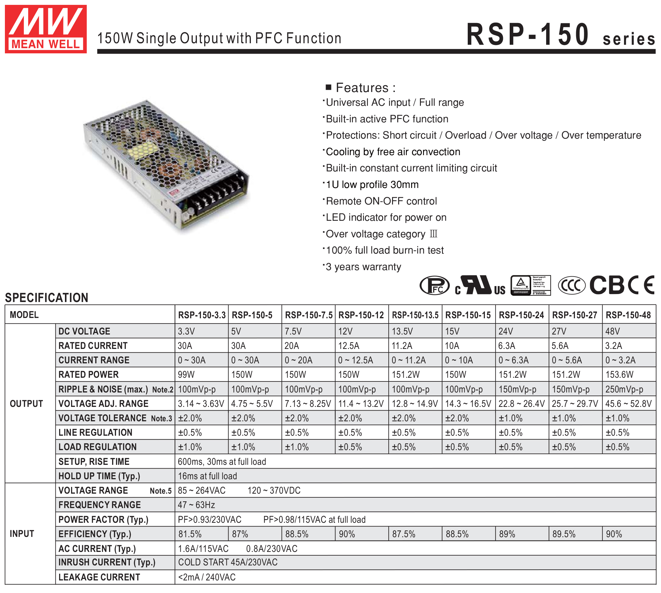 หม้อแปลง Low Harmonic O/P PFC series Meanwell 150W 12 / 24Vdc