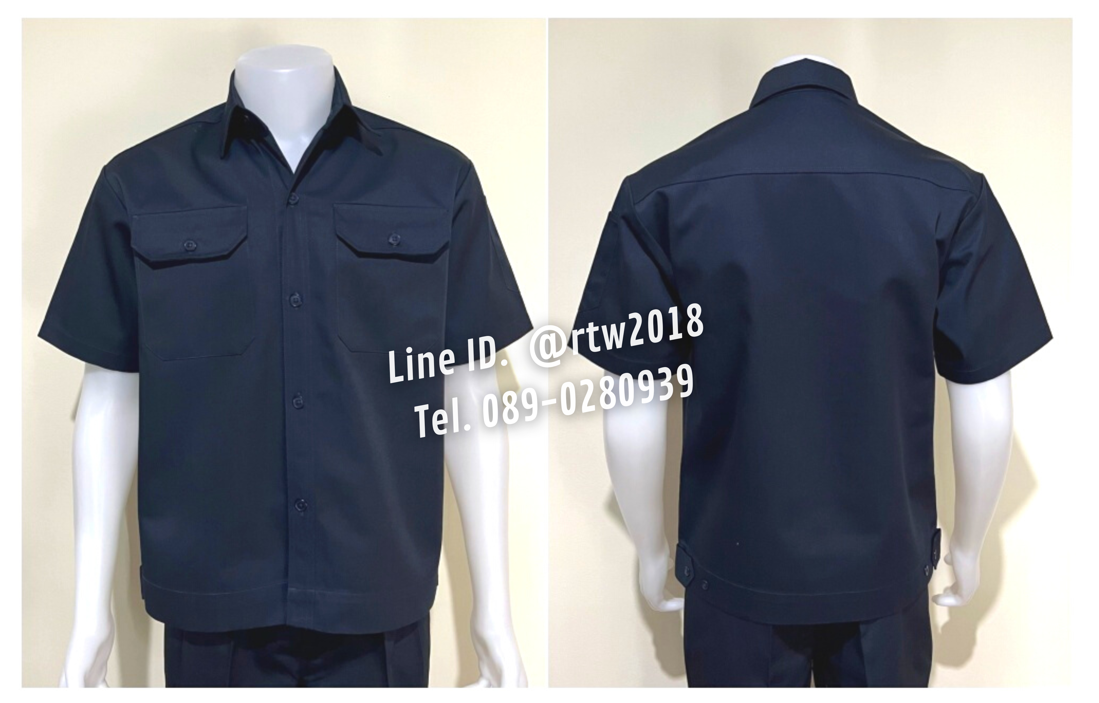 รหัส A2.1 : เสื้อช่างแขนสั้นผ้าคอมทวิวสองกระเป๋าที่อกสีกรมท่าล้วน