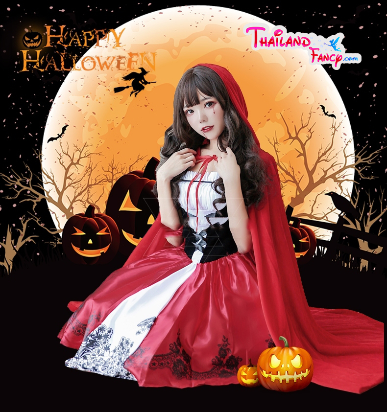 ชุดแฟนซี หนูน้อยหมวกแดง ชุดคู่หมาป่า Cosplay Halloween ชุดการ์ตูนหนูน้อยหมวกแดง เดรสแขนกุดพร้อมผ้าคลุมสีแดง