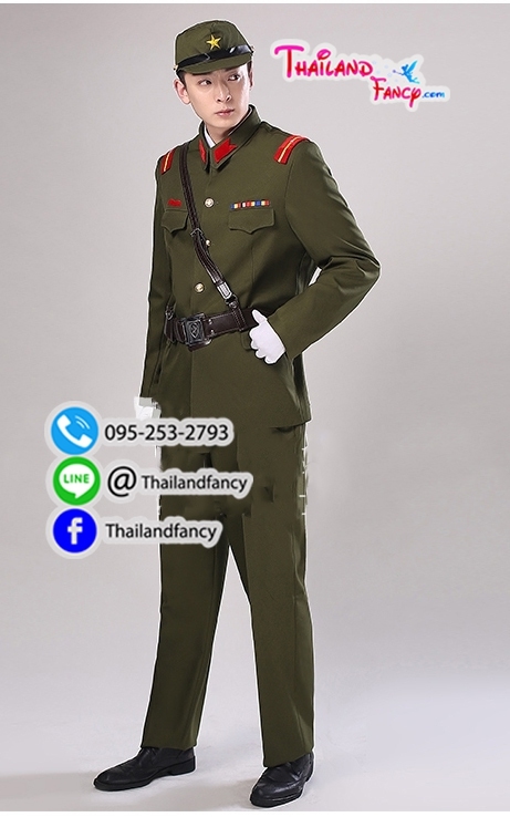 ชุดเช่าแฟนซีผู้ชาย ชุดเช่าทหารญี่ปุ่น ชุดนักรบชาย ชุดโกโบริ ชุดทหารสงครามโลก ชุดเช่านายทหารสีเขียวขี้ม้าแต่งแถบแดง