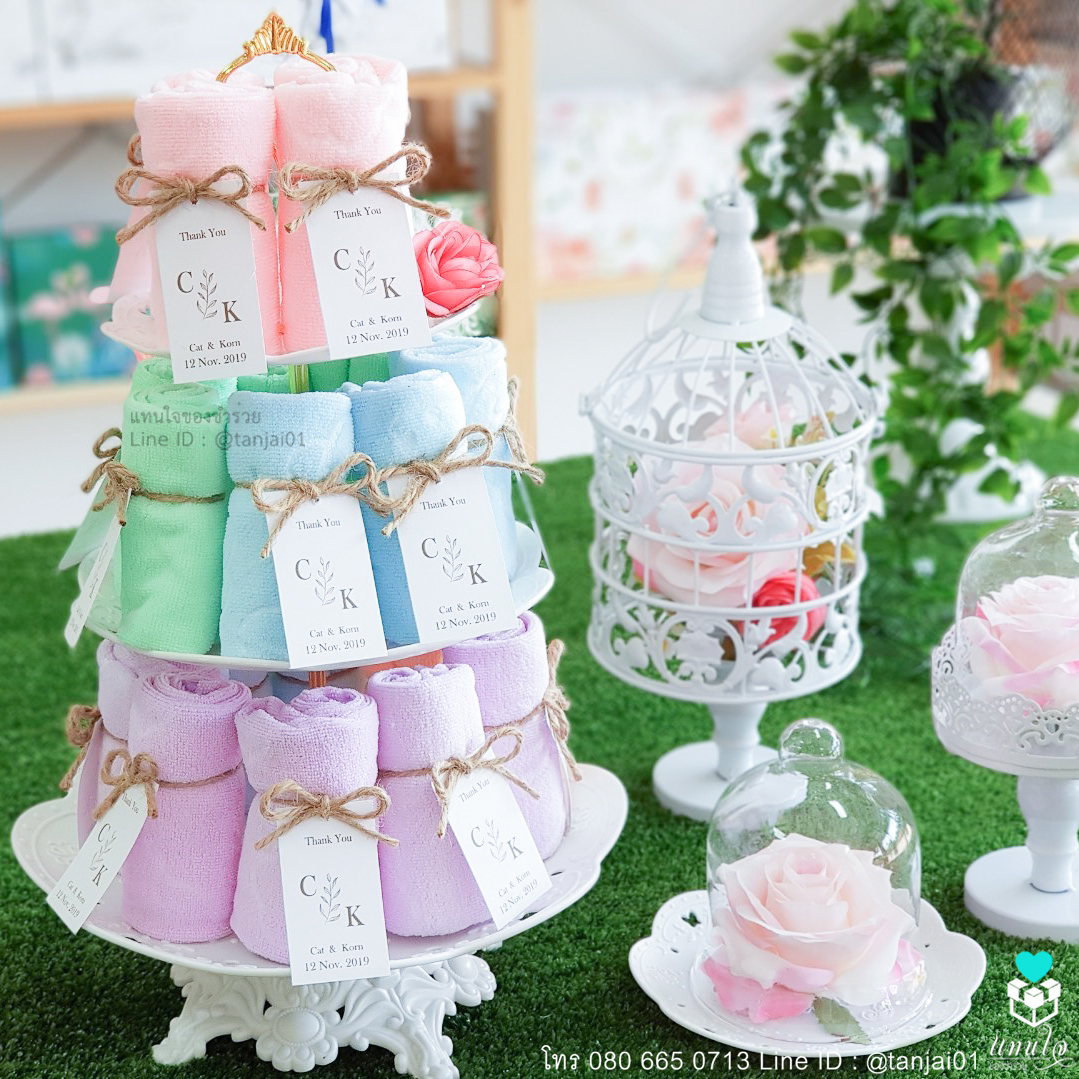 ผ้าหมีเล็ก ของชำร่วยงานแต่งงาน แพ็คเกจผูกเชือกป่าน ป้ายชื่อ สีเขียว ชมพู ม่วง ฟ้า 05
